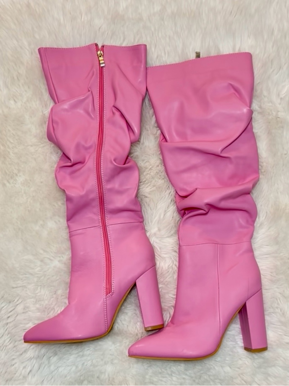 Slouchy Pointed-Toe Pink Knee-High Heeled Boots (BRAND NEW) without box.
